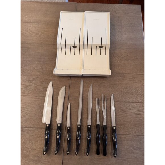 VTG Cutco Brown Handle Knife Set Of 8 Wall Mount Chef Butcher Knife Forks EUC - Picture 1 of 15